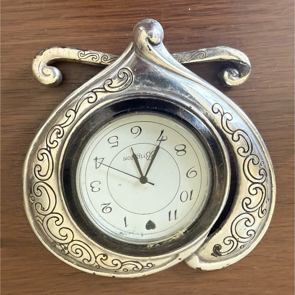 BRIGHTON Penelope Heart Desk Clock Scrolled Silver3.5" tall Needs Battery